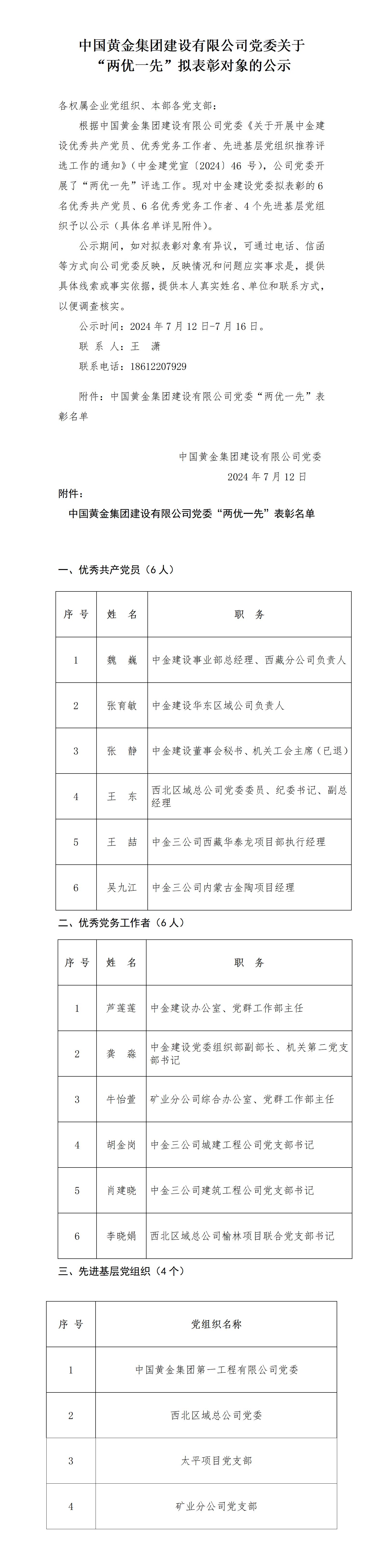 中國(guó)黃金集團(tuán)建設(shè)有限公司黨委關(guān)于2023年度 “兩優(yōu)一先”擬表彰對(duì)象的公示